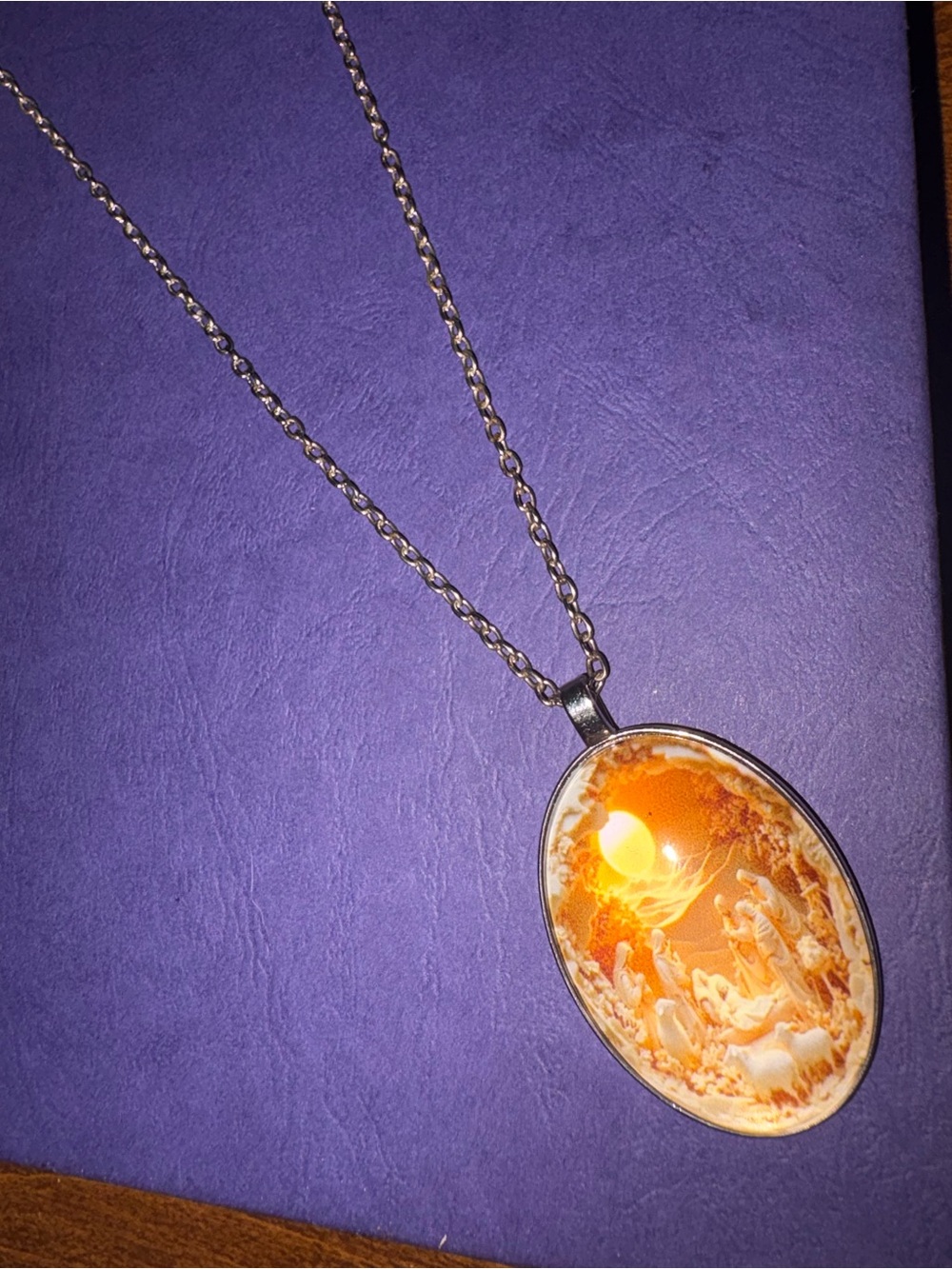 Silver-Tone Necklace with Orange Cameo Oval Pendant
